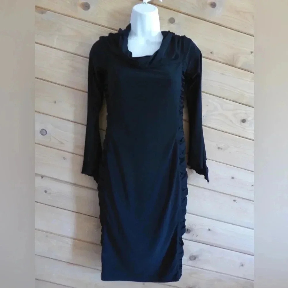 JOSEPH RIBKOFF Solid Black Ruched Long Sleeve Cowl Neck Evening Dress, Sz 8